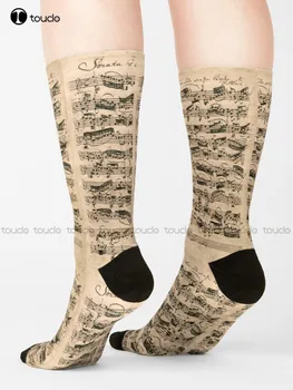 Бах | Оригинални ръкописни бележки на Йохан Себастиан Бах, Черни Чорапи За Жените, Дигитален Печат 360 °, Високо Качество, Подарък